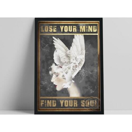 Be Kind To Your Mind Canvas Prints, Inspirational Text Poster, Vintage Woman Head Pigeon Wall Picture, Lovers Couple Wall Decor