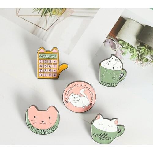Personalized Fashion New Cartoon Animal Series Brooch Cute Calculator Coffee Cat Shape Alloy Exquisite Badge Neutral All-Match