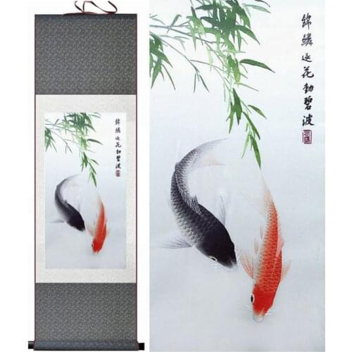 Fish painting Silk scroll paintings traditional art Chinese painting Fish picturePrinted painting