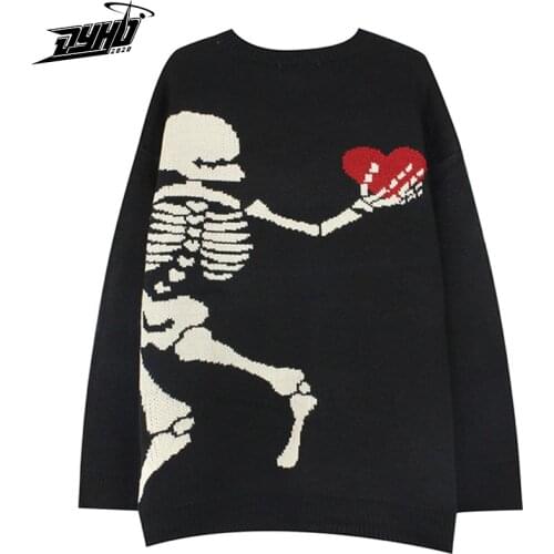Men Oversized Sweater Black Loose Skeleton Skull Print Women Vintage Retro Knitted Sweater 2021 Autumn Cotton Pullover Unisex