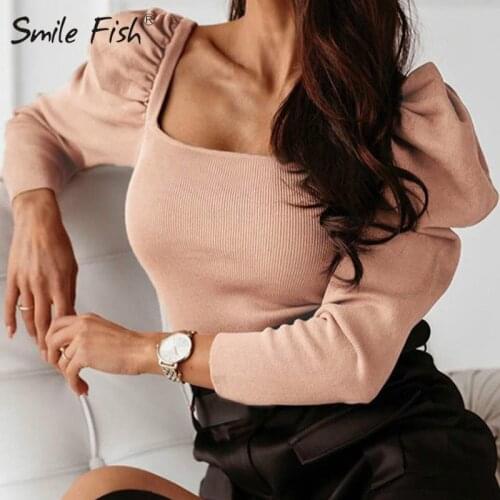 Knitted Body Suit Female Slim Solid Knitwear Crochet Puff Long Sleeve Fit Jumper Mujer Vintage Retro Sexy Bodysuits Women G2089