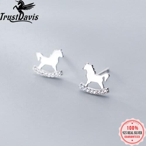 Trustdavis Real 925 Sterling Silver Fashion Sweet Animal Hobbyhorse Charm Stud Earrings For Women Wedding Party Jewelry DA1955