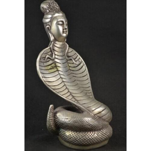 Old Miao Silver Carving Beauty Buddha Wear Flower & Snake Body Unique Statue