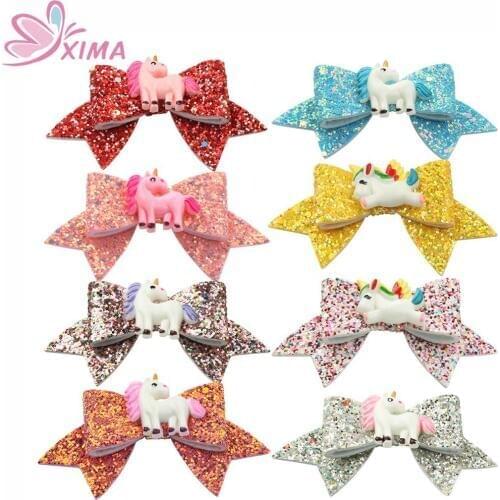 XIMA 8pcs/lot 2.5''Glitter Sequin Bows with Resin Unicorn Hair Bows Hair Clip Hairpins Girls Hair Accessories for Party