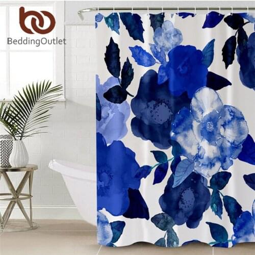 BeddingOutlet Flowers Shower Curtain Waterproof Polyester Watercolor Bath Curtain With Hooks Leaf Blue Bathroom Decor 180x180cm
