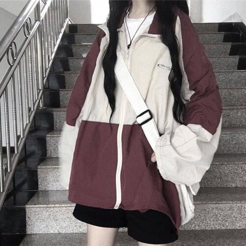 Korean splicing jacket women streetwear preppy style sweet zipper long sleeve coat chic Harajuku vintage loose outerwear album