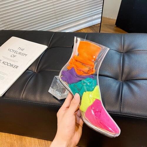 Woman Rain Boots Transparent Platform Shoes Waterproof Non-slip Young Girl Crystal Candy Color Socks Ankle Boots High Heels Girl