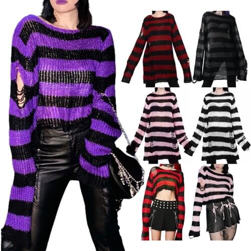 Y2K Women Hollow Knit Sweater Adults Color Block Stripe Pattern Long Sleeve Round Neck Pullover 2021 for Fall