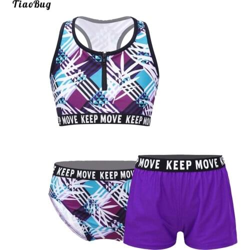3Pcs Kids Girls Swimming Suit Round Neck Racer Back Front Zipper Crop Tops With Briefs And Shorts Set Beach Bathing Swimwear