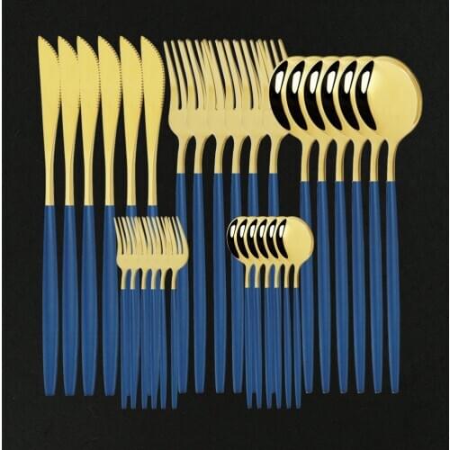 30Pcs Blue Gold Cutlery Set Knife Salad Fork Spoon Dinnerware Set Stainless Steel Silverware Set Kitchen Flatware Tableware Set