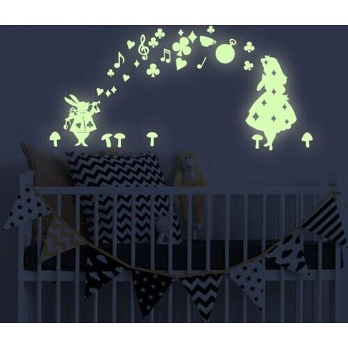 Alice in Wonderland Glow in The Dark Wall Decor Fairy Peel DIY Luminous Vinyl Wall Stickers for Kids Girls Bedroom Nursery Room
