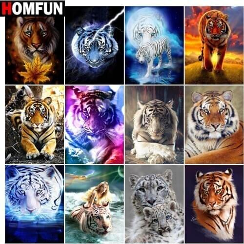 HOMFUN 5d Diamond Painting Full Square/Round "White tiger night" Picture Of Rhinestone DIY Diamond Embroidery Home Decor