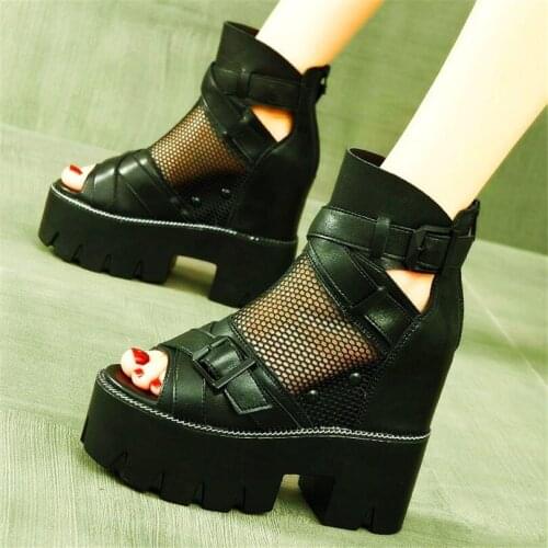 Punk Goth Womens Black Cow Leather Sandals Platform Wedge High Heels Summer Ankle Boots Strap Buckle Shoes