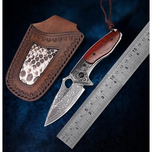 Damascus steel Blade Pocket Knife Wooden handle Camping Knives Outdoor Survival EDC Tool Gentlemans Folding Knife Gifts