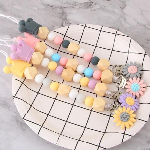 Baby Pacifier Clips Sunflower Pacifier Chain with Silicone Beads Infant Teething Chew Toys Baby Dummy Clips
