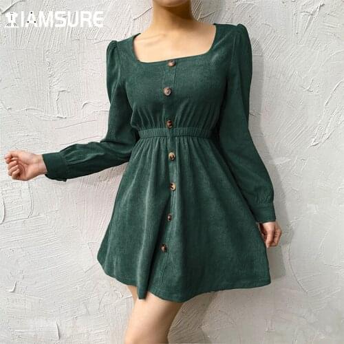 IAMSURE Vintage Corduroy Dress Women 2021 Spring Autumn Fashion Square Collar Long Sleeve Solid Mini Dresses Elegant Lady 90S
