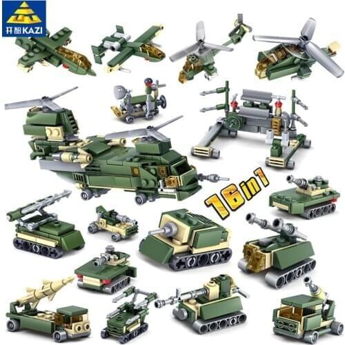 16Pcs/lot Military Weapon Building Blocks Sets WW2 Field ARMY Tank Helicopter GUN DIY Bricks Creator Toys For Children