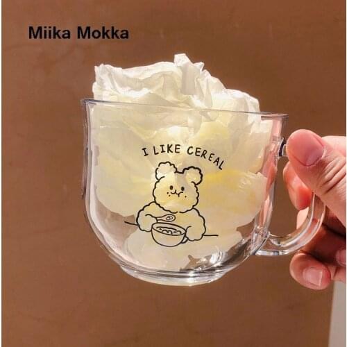 Korean Ins Cute Cartoon Love Bear and Rabbit Glass Student Anti-scalding Breakfast Milk Oatmeal Cup Large Capacity Glass Cup