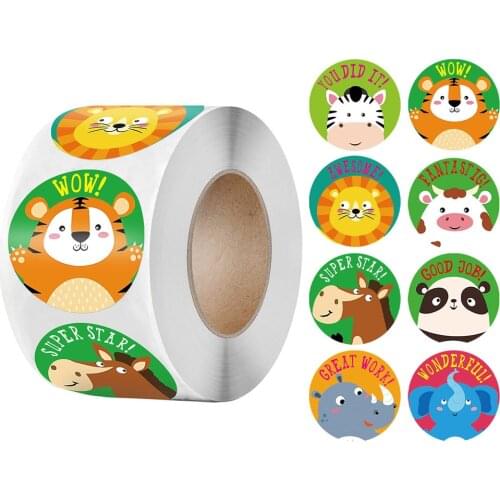 Cartoon Animals Sticker for Kids 50-500pcs Round Encourage Sealing Labels 8 Designs for Teacher Supplies Cute Reward Sticker