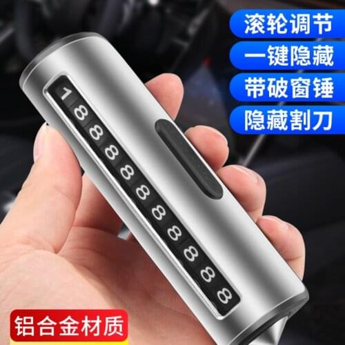 Multifunctional safety hammer and window breaker for vehicle with temporary parking sign, telephone, number plate, and car