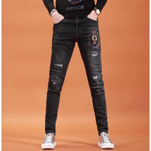 Fashion Black Rhinestones Embroidery Ripped Jeans Men Autumn Winter Korean Style Casual Slim Fit Denim Pants