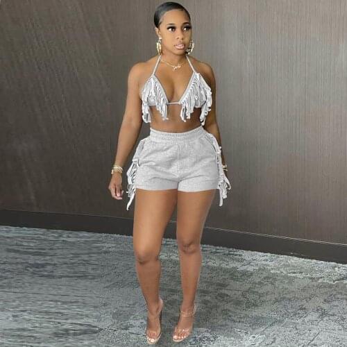 Night Clubwear 2PCS Outfit Womens Halter Neck Open Back Self Tie Bra Crop Top+Tassel Stretchy Mini Shorts Pants Sexy Solid Suit