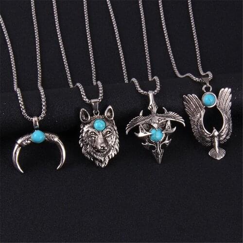 Punk Ancient Titanium Steel Animal Eagle Wing Pendant Turquoises Hawk Wolf Pendants Necklaces for Men Vintage Jewelry