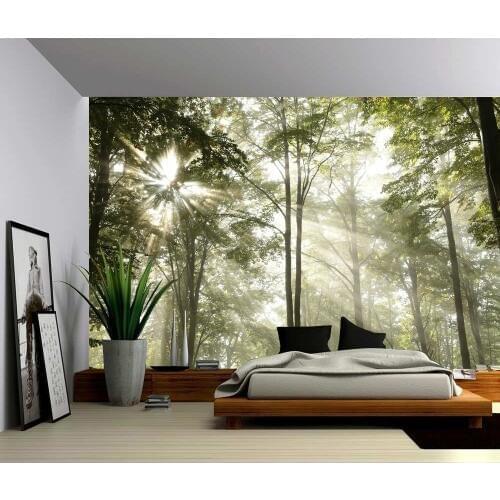 Custom 3D Photo Wallpaper Forest Tree Rays of Light Large Wall Mural, Self-adhesive Vinyl Wallpaper, Peel & Stick