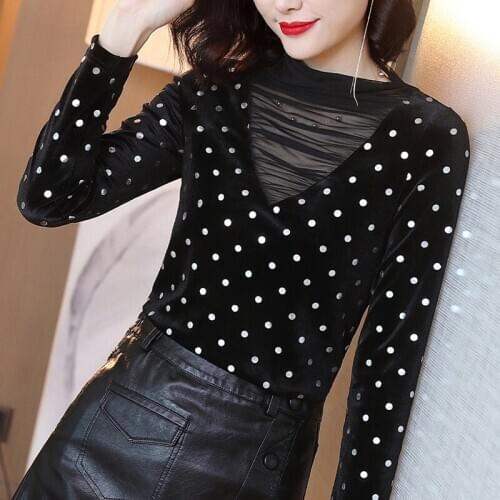Spring Fall Fashion Womens Turtleneck Long Sleeve Patchwork Polka Dot Black Velour Tshirt Tops , Velvet 3xl T Shirts for Women