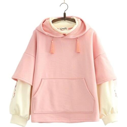 Pink Floral Embridery Fleece Hooded Sweatshirt Harajuku Casual Hoodies Women 2020 Winter Sweet Style Female Cute Warm Top