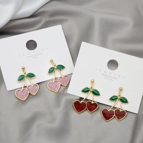 VSnow Fashion Red Pink Color Cherry Green Leaf Dangle Earrings for Women Korean Fashion Double Love Heart Earrings Jewelry Hot