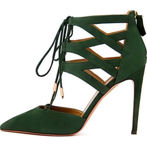 High Quality Ankle Wrap Women Pumps High Heels Shoes Woman Black Green Ladies Shoes Pointed Toe Lace Up Chaussure Femme Cutouts