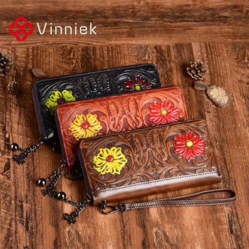 2020 New Embossed Women Wallets Real Leather Vintage Purse Long Card Holders Cell Phone Wallet Wristlet Handbags Original Clutch