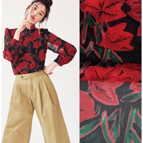 135CM Wide 5MM Red Floral Print Thin Black Silk Fabric for Summer one-piece dress Shirt Clothes JH113
