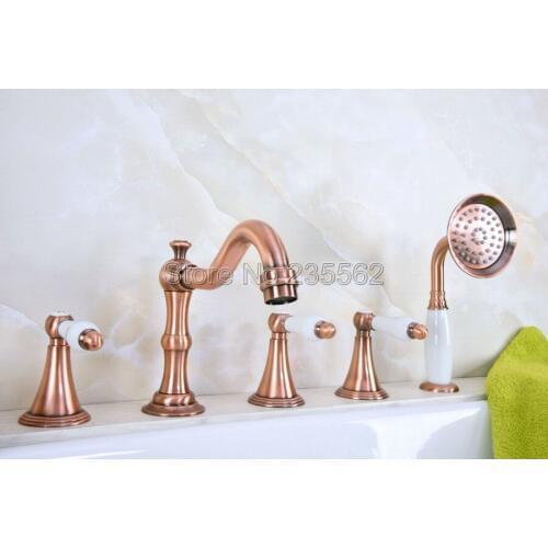 Antique Red Copper Roman Bathtub Mixer Faucet Set w/ Handheld Shower 5 Holes Tap Deck Mounted lna211