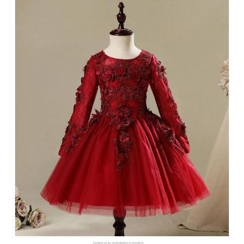Baby Girl Dresses For Wedding Party Beaded Appliques Red Lace Christening Gown Infant Newborn 1st Birthday Dress for Baptism