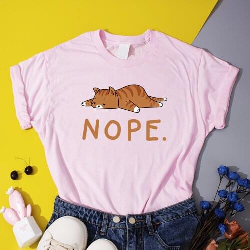 Kawaii Cat Nope Graphic T Shirts Cartoon Lazy Printed T-shirt Cotton High Quality Tops 2021 Summer Cute Gift Clothes Female Tee