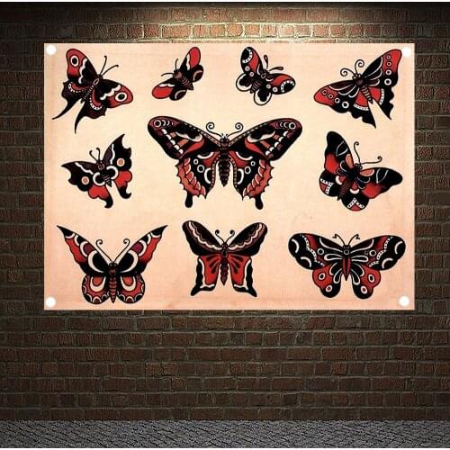 Painted Butterflies Tattoo Art Print Posters Banners Wall Chart Senior Art Waterproof Cloth Tapestry Flag Home Decor Upholstery