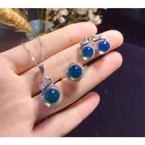 Jewerlry Sets 925 sterling silver Mexican Blue Amber necklace Pendant Ring 7-8-9mm luxury jewelry