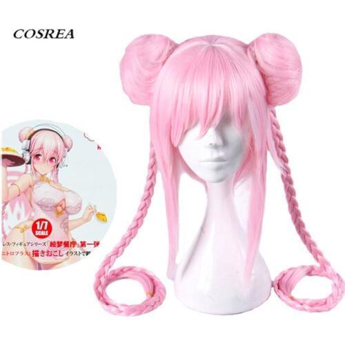 COSREA Super Sonico Cosplay Costume Pink Short Fancy Long Braided Hair Woman Heat Resistant Synthetic Hair