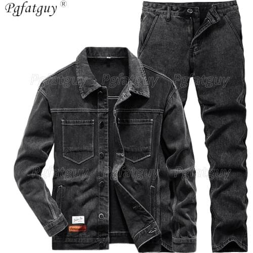 2021 New Fashion Brand Black Mens Set Spring Mens Two-Piece Denim Suit Appliques Jacket + Jeans Male Jacket Sets BigSize 4XL