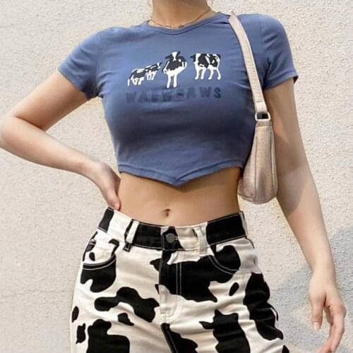 Summer Women Crop Top Cow Letter Print Short Sleeve Short T-shirt O-neck Short Tee Top Ladies Exposed Navel Slim Fit Tee Shirt