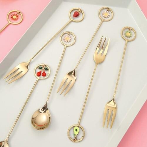 1PC Stainless Steel Spoon Fork Cake Coffee Dessert Tea Ice Cream Stirring spoons Fruit Cute Pendant Teaspoon