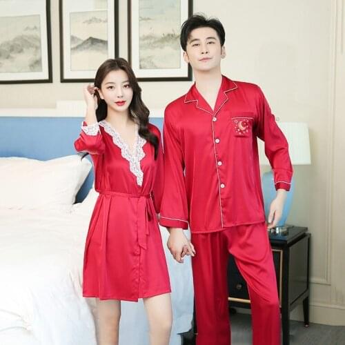 M-XXL Spring Autumn Satin Loose Sleep Suit Couple Red Wedding Sleepwear Women Lace Trim Robe Set Mens Lounge Print Home Pajamas