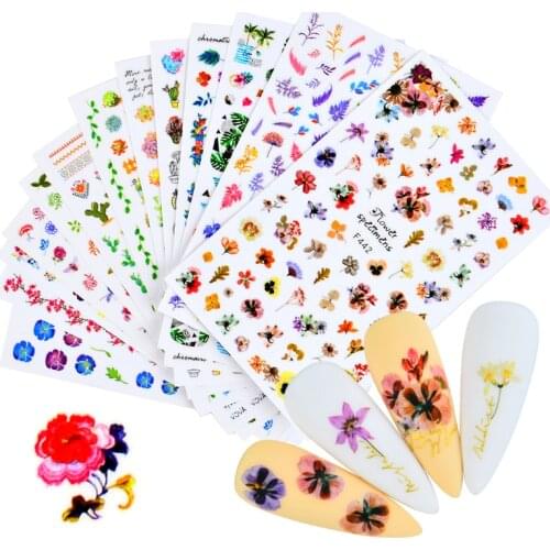 1pcs Simple Green Leaves Tree Colorful Flowers Nails Decals With Adhesive Spring Summer Theme Floral StickersNail Art Decoration
