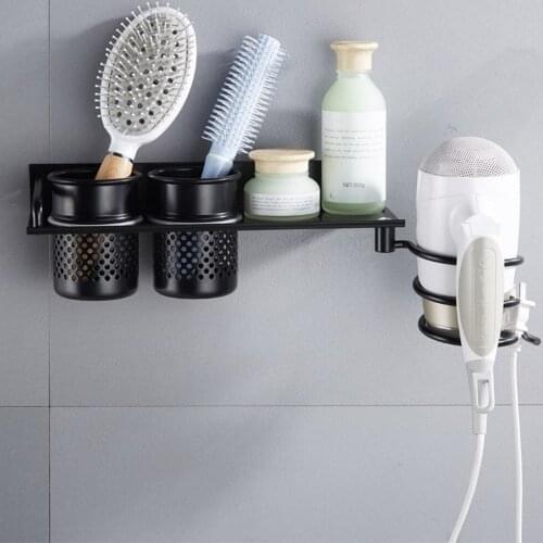 Black Hair Dryer Rack with Cup Households Wall Mount Shower Rack Hair Blow Hair Dryer Holder Aluminum Shelf Bathroom Accessories
