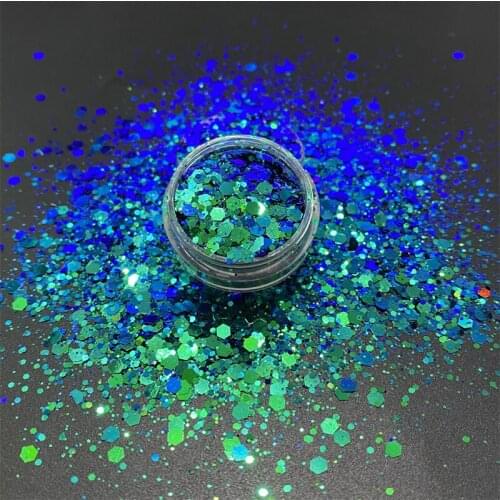 New Chameleon Dark Blue Green Hexagon Shaped Mixed Chunky Glitter Color Shifting Powder Glitter For Nails Art Crafts Decorations