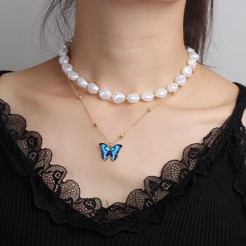 New Butterfly Pearl Necklace for Women Double Layer Irregular Shaped Pearl Clavicle Chain Pendant Beach Holiday Jewelry Gifts