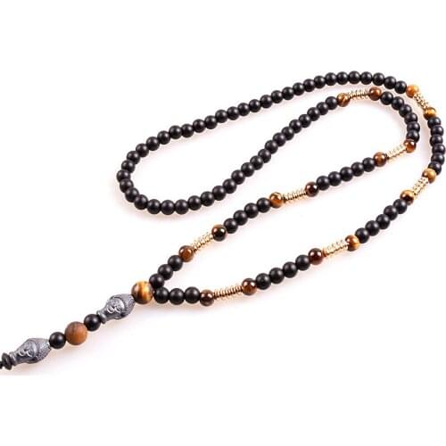 6mm Black Stone with Hematite Carving Buddha Bead Surfer necklace Unisex Lariat Mala necklace
