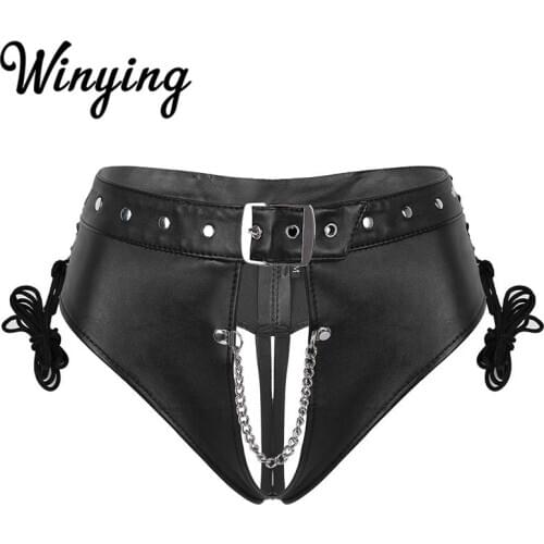 Sexy Womens Panties Lingerie Black PU Leather Crotchless Thongs G-Strings Punk Gothic Rave Underwear Erotic Underpants Costume